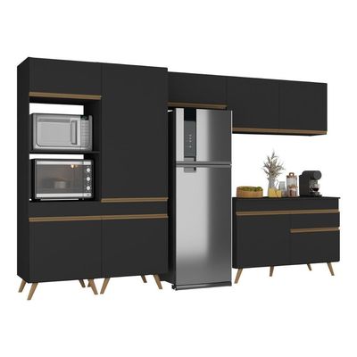 Armário Cozinha Modulada Completa 314cm Com Balcão Veneza Multimóveis Mp3759 Preto/dourado