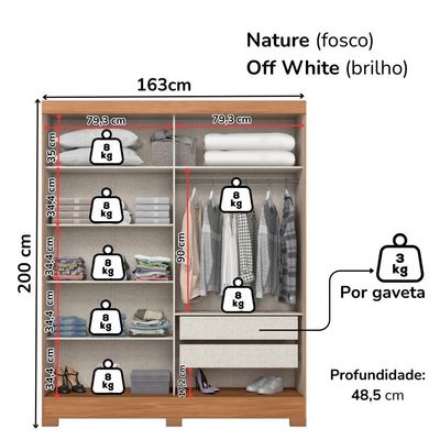 Guarda Roupa Casal 2 Portas Deslizantes Com Espelho 163 Cm B74 Briz Nature Off White