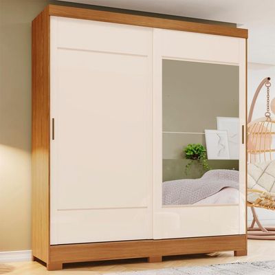 Guarda Roupa Casal 2 Portas Deslizantes Com Espelho 163 Cm B74 Briz Nature Off White