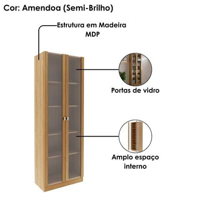 Armario Multiuso 2 Portas Vidro 171x60 Cm Am3112 Amendoa Tecno Mobili