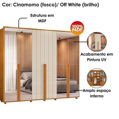 Guarda Roupa Casal Volpi 6 Portas Com Espelhos Mdf 278 Cm Cinamomo Off White Madetec