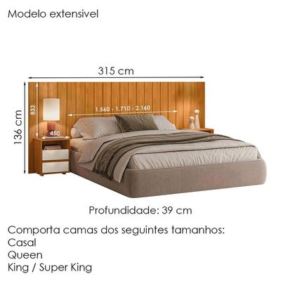 Cabeceira Extensivel Com 2 Mesas Laterais Mdf Frida 315 Cm Cinamomo Off White Madetec