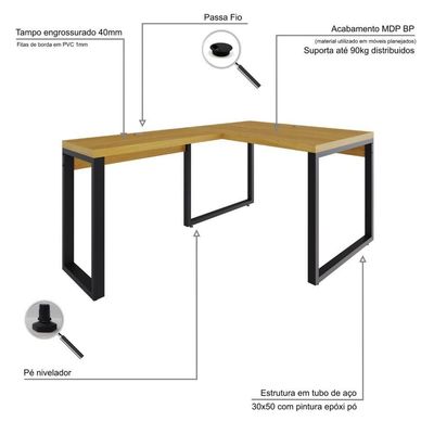 Mesa Em L Operacional 120x160x75cm Yon - Acácia Mel-est.preta Acácia Mel-est.preta