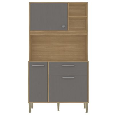 Armário De Cozinha Compacto Zen 3 Portas 1 Gaveta Com Nicho Decorativo 0,90m - Freijó/gris