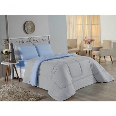 Edredom Solteiro Nobre 1 Peça Dupla Face 1,60m X 2,40m Malha 100% Algodão - Cinza / Azul-bebê
