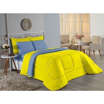 Edredom Queen Nobre 1 Peça Dupla Face 2,20m X 2,40m Malha 100% Algodão - Amarelo / Azul-bebê