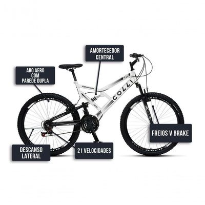Bicicleta Gps 148 Dupla Suspensão E Freios V-brake, Aro 26 Aero, 36 Raias, 21 Marchas Colli Branco
