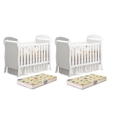 Kit Gêmeos Berço Mini Cama Danny Branco Brilho Com Colchões Supreme - Reller Móveis Branco Brilho