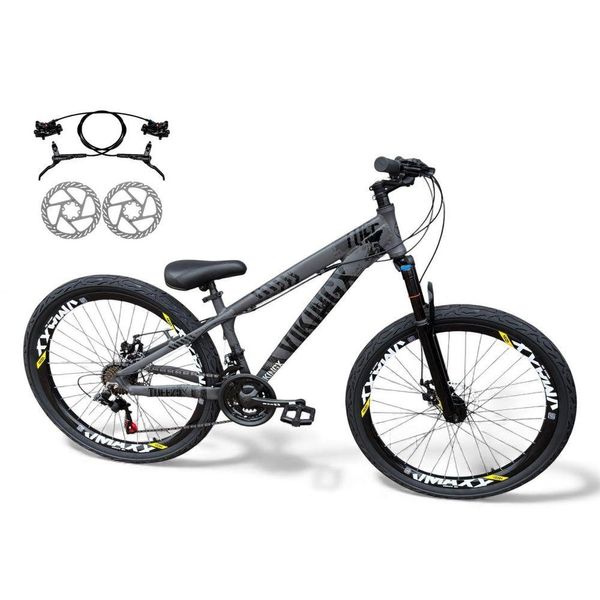 Bicicleta aro26 VikingxTuff Freio Hidráulico 21v Freeride RodasVmaxx Suspensão Pneu Flame CinzaPreto