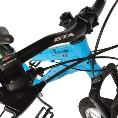 Bicicleta aro26 Gta Rebel Freeride Downhill Single 7v Rodas Vmaxx FreioDisco Pneu Flame Preto Azul