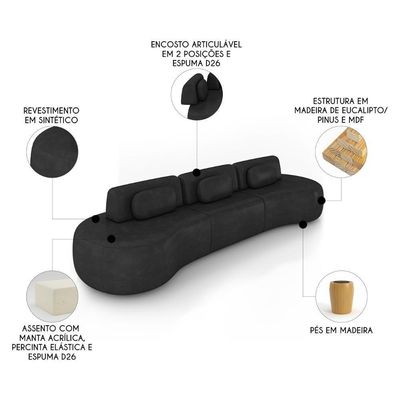 Sofá 4 Lugares 366cm Orgânico Mellanie Sintético Preto Z32 - Mpozenato