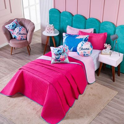 Kit Cobre Leito Stich Pink/rosa Dupla Face Com Almofadas Casal Padrão 07 Peças - Decoração Infantil Juvenil Personagem