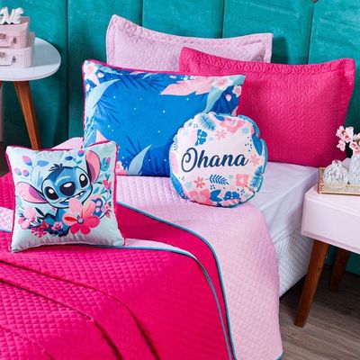 Kit Cobre Leito Stich Pink/rosa Dupla Face Com Almofadas Casal Padrão 07 Peças - Decoração Infantil Juvenil Personagem
