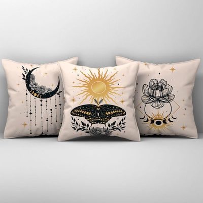 Kit Trio Capas De Almofadas Estampadas Fases Da Lua Em Veludo Suede 45cm X 45cm - Decoração Luxo Para Sala Cor Bege