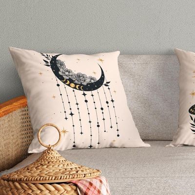 Kit Trio Capas De Almofadas Estampadas Fases Da Lua Em Veludo Suede 45cm X 45cm - Decoração Luxo Para Sala Cor Bege
