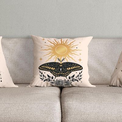 Kit Trio Capas De Almofadas Estampadas Fases Da Lua Em Veludo Suede 45cm X 45cm - Decoração Luxo Para Sala Cor Bege