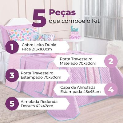 Kit Cobre Leito Colcha Solteiro Donuts Unicórnio Lilás/rosa Dupla Face Com Almofadas Estampadas 05 Peças