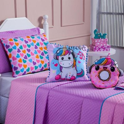 Kit Cobre Leito Colcha Solteiro Donuts Unicórnio Lilás/rosa Dupla Face Com Almofadas Estampadas 05 Peças