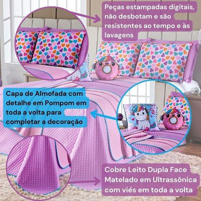 Kit Cobre Leito Colcha Solteiro Donuts Unicórnio Lilás/rosa Dupla Face Com Almofadas Estampadas 05 Peças