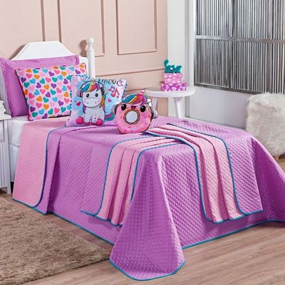 Kit Cobre Leito Colcha Solteiro Donuts Unicórnio Lilás/rosa Dupla Face Com Almofadas Estampadas 05 Peças