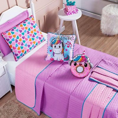 Kit Cobre Leito Colcha Solteiro Donuts Unicórnio Lilás/rosa Dupla Face Com Almofadas Estampadas 05 Peças