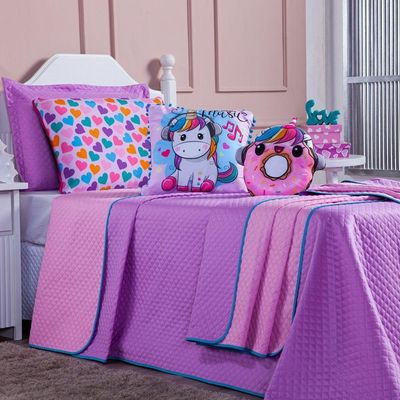 Kit Cobre Leito Colcha Solteiro Donuts Unicórnio Lilás/rosa Dupla Face Com Almofadas Estampadas 05 Peças