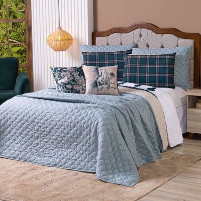 Kit Cobre Leito Colcha Queen Country Com Almofadas Estampadas 07 Peças - Dupla Face Percal 300 Fios Matelado Cor Verde