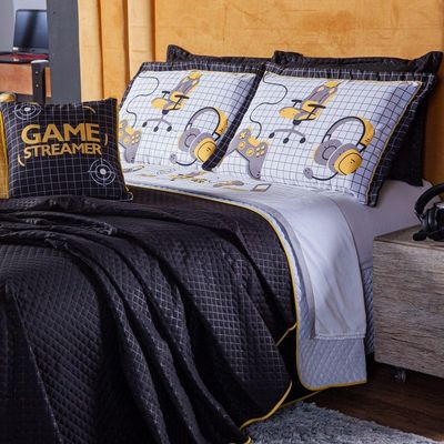 Kit Cobre Leito Colcha Casal Padrão Game Streamer Amarelo Dupla Face Com Almofadas Estampadas 07 Peças