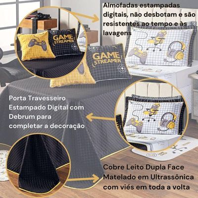 Kit Cobre Leito Colcha Casal Padrão Game Streamer Amarelo Dupla Face Com Almofadas Estampadas 07 Peças