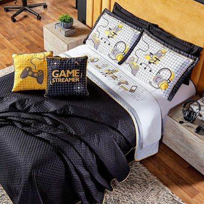 Kit Cobre Leito Colcha Casal Padrão Game Streamer Amarelo Dupla Face Com Almofadas Estampadas 07 Peças