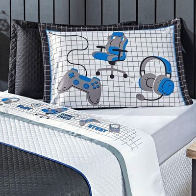 Jogo De Cama Lençol Casal Padrão Game Streamer Branco/azul Com Fronhas E Virol Estampados 04 Peças - Percal 200 Fios