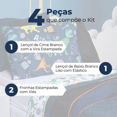 Jogo De Cama Lençol Queen Astrodino Branco/azul Marinho Com Fronhas E Virol Estampados 04 Peças - Percal 200 Fios