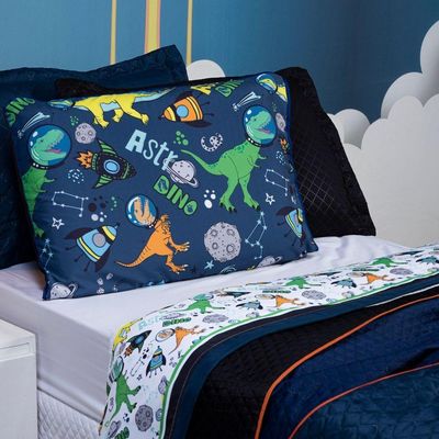 Jogo De Cama Lençol Queen Astrodino Branco/azul Marinho Com Fronhas E Virol Estampados 04 Peças - Percal 200 Fios