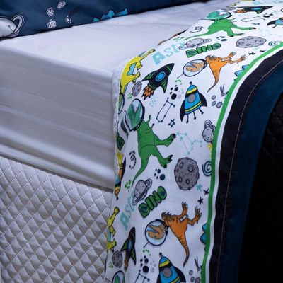 Jogo De Cama Lençol Queen Astrodino Branco/azul Marinho Com Fronhas E Virol Estampados 04 Peças - Percal 200 Fios