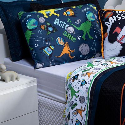 Jogo De Cama Lençol Casal Padrão Astrodino Branco/azul Marinho Com Fronhas E Virol Estampados 04 Peças - Percal 200 Fios