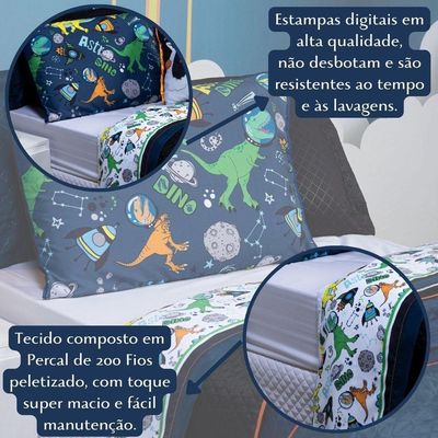 Jogo De Cama Lençol Casal Padrão Astrodino Branco/azul Marinho Com Fronhas E Virol Estampados 04 Peças - Percal 200 Fios