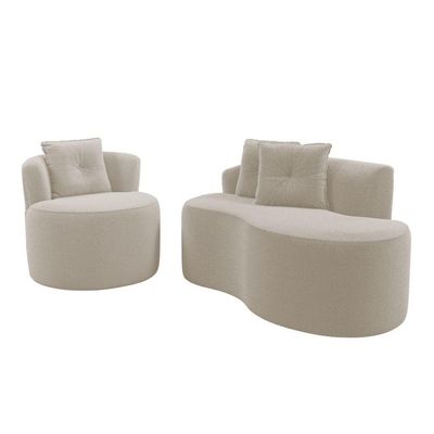 Kit Sofá E Poltrona Orgânica Living Bob Com Almofadas Bouclê Bege - Desk Design