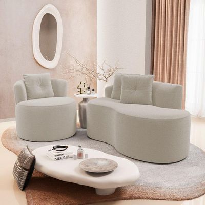 Kit Sofá E Poltrona Orgânica Living Bob Com Almofadas Bouclê Bege - Desk Design