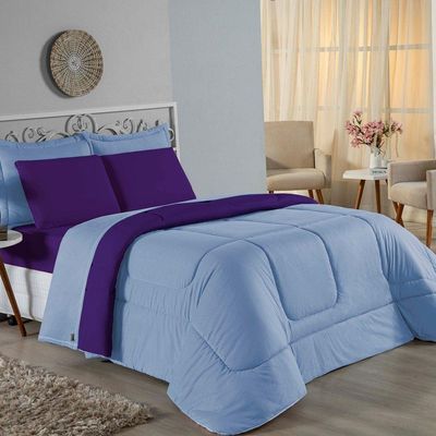 Edredom Casal Nobre 1 Peça Dupla Face 2,00m X 2,20m Malha 100% Algodão - Azul-bebê / Roxo