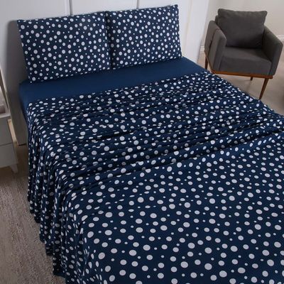Jogo de Lençol Polly Queen 4 Peças Malha 100% Algodão Estampado Bolinhas - Azul Marinho