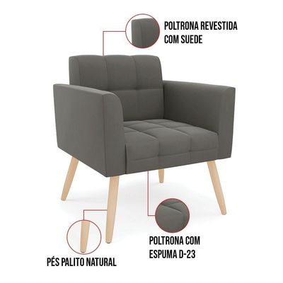 Kit 1 Sofá Namoradeira E 2 Poltronas Elisa Suede Pés Palito Natural - D'rossi Cor Grafite