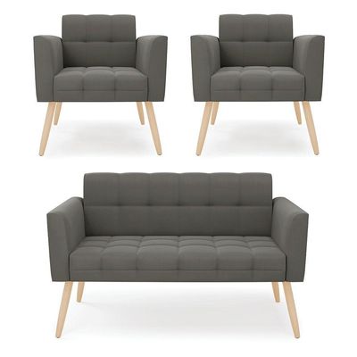 Kit 1 Sofá Namoradeira E 2 Poltronas Elisa Suede Pés Palito Natural - D'rossi Cor Grafite