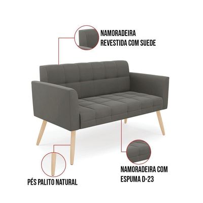 Kit 1 Sofá Namoradeira E 2 Poltronas Elisa Suede Pés Palito Natural - D'rossi Cor Grafite