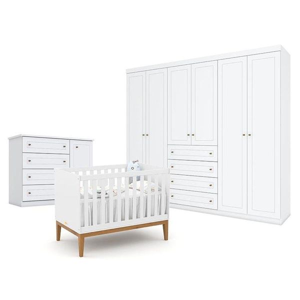 Quarto De Bebê Americano 6 Portas Com Berço Americano Unique Branco Soft Eco Wood - Matic - Henn