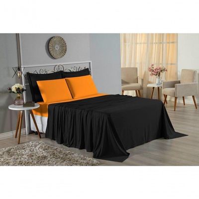Jogo De Cama Solteiro Nobre 3 Peças Lençol Com Elástico De 30cm De Altura Malha 100% Algodão - Preto / Laranja