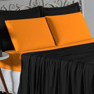 Jogo De Cama Solteiro Nobre 3 Peças Lençol Com Elástico De 30cm De Altura Malha 100% Algodão - Preto / Laranja