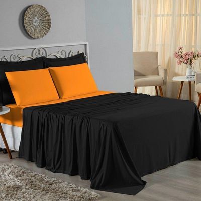 Jogo De Cama Solteiro Nobre 3 Peças Lençol Com Elástico De 30cm De Altura Malha 100% Algodão - Preto / Laranja