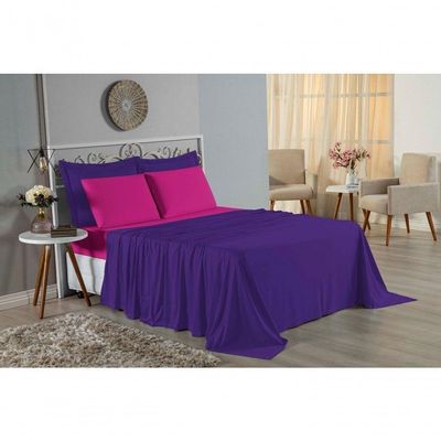 Jogo De Cama Queen Nobre 4 Peças Lençol Com Elástico De 30cm De Altura Malha 100% Algodão - Roxo / Pink