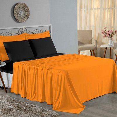 Jogo De Cama Queen Nobre 4 Peças Lençol Com Elástico De 30cm De Altura Malha 100% Algodão - Laranja / Preto