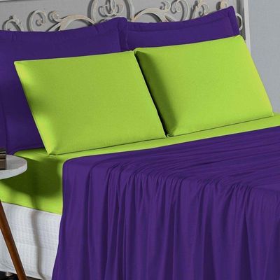 Jogo De Cama Solteiro Nobre 3 Peças Lençol Com Elástico De 30cm De Altura Malha 100% Algodão - Roxo / Pistache